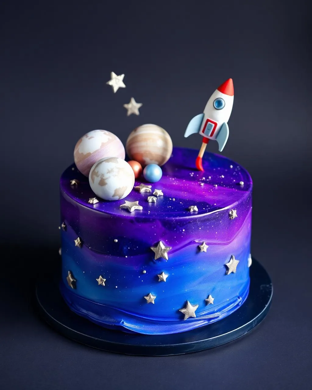Gâteau anniversaire enfant thème espace galaxie avec planètes en fondant et étoiles argentées.