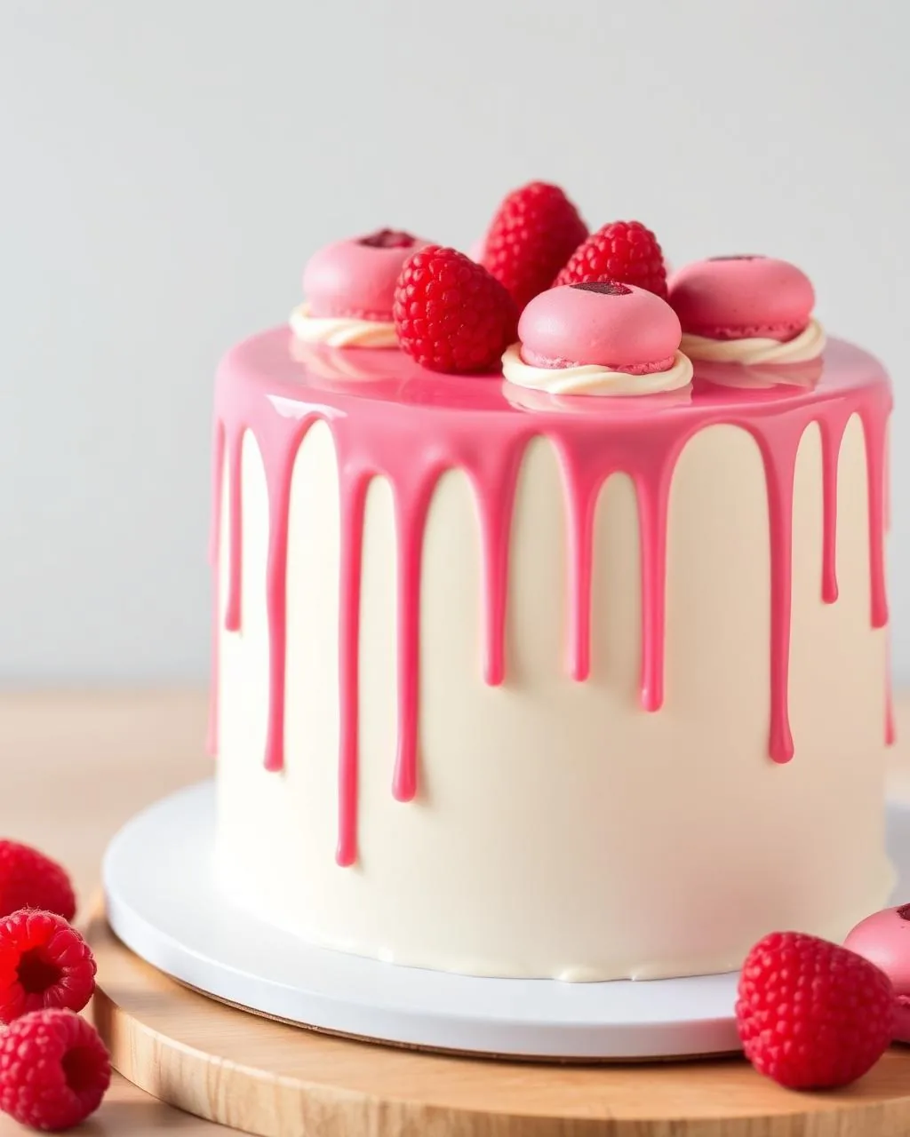 Drip cake chocolat blanc avec coulure rose framboise, macarons roses et framboises.